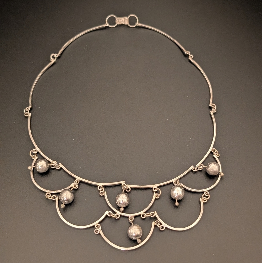 Vintage TAXCO MEXICO Silver 925 SCALLOP BEAD ball choker bib necklace